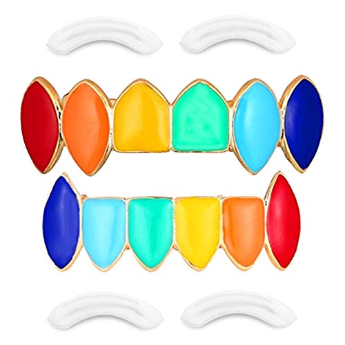 24K Plated Joker Gold Grillz for Mouth Top Bottom Hip Hop Teeth Grills for Teeth Mouth + 2 Extra Molding Bars + Microfiber Cloth (Rainbow)