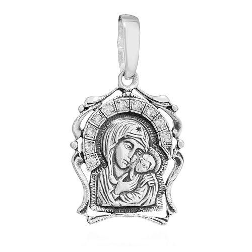 Pendentif Mère de Dieu Kazan argent 925 zircones blanches collier 15424