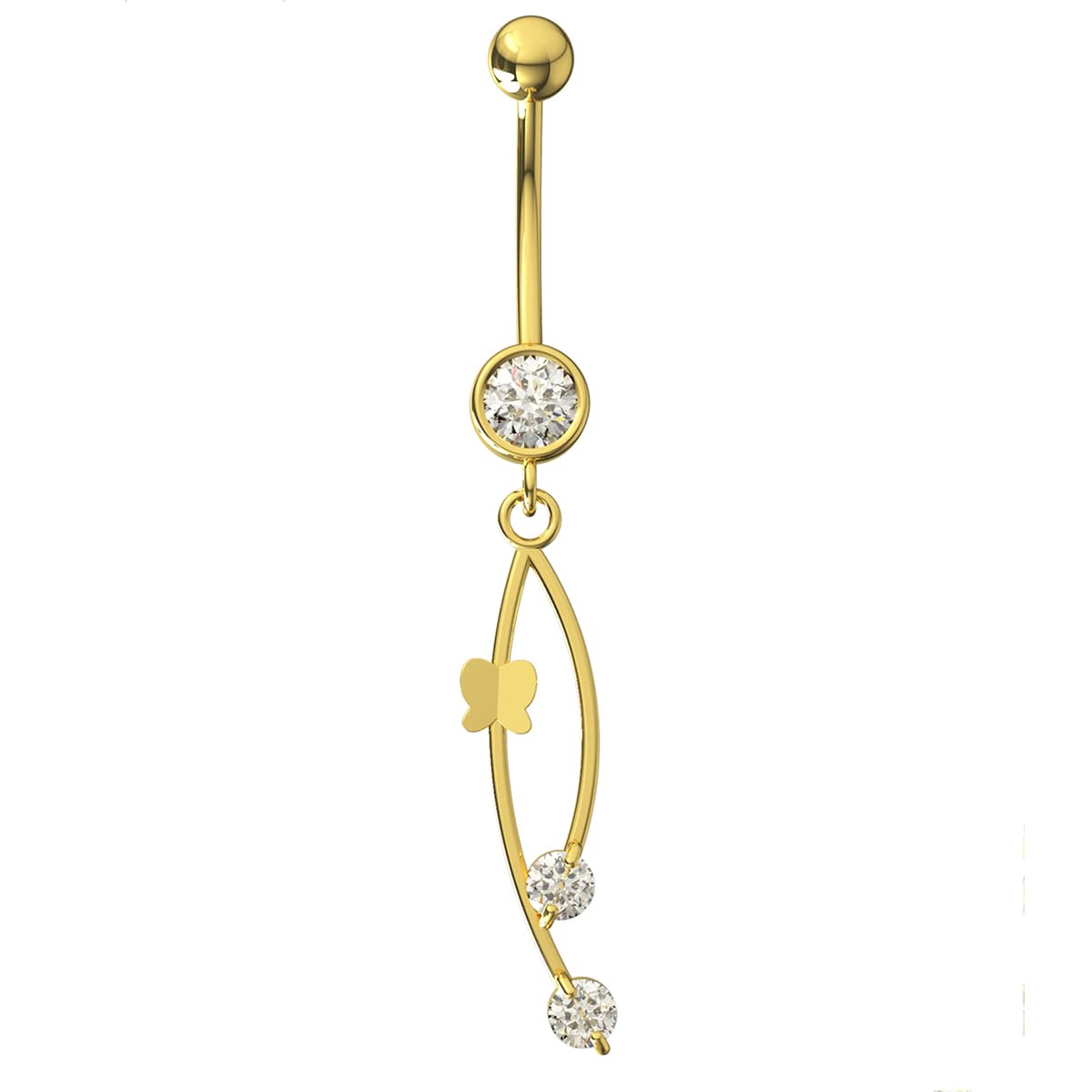 Monster Piercing Piercing para Ombligo de Oro Amarillo Macizo de 14 Quilates con Piedra circonita cúbica Transparente en Rama, Calibre 14, joyería