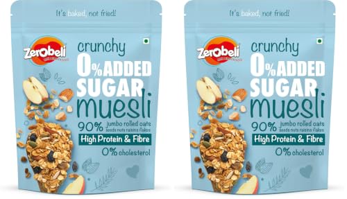 Image of Zerobeli Crunchy 0% Added Sugar Muesli 425g -With 90% Wholegrains, Flax Seeds, Sunflower Seeds and Raisins|Diabetic Friendly and Helps Manage Weight (Pack of 2)