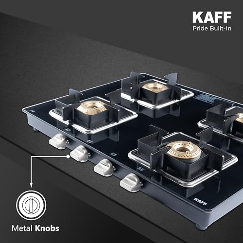 Image of KAFF 4 Burner Gas Stove | 63 cm Toughened Glass Cooktop | High Efficiency Brass Burners | Cast Iron Pan Support | Stainless Steel Drip Tray | Metal Knobs | Black | CTJ634B