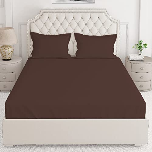 Image of Layers 100% Cotton 144TC Elastic Fitted Bedsheet for Double Bed King Size with 2 Pillow Covers, (Dark Brown, Solid Pattern), All Round Elastic, Moisture Absorbent, Skin Friendly - Be Bold Collection