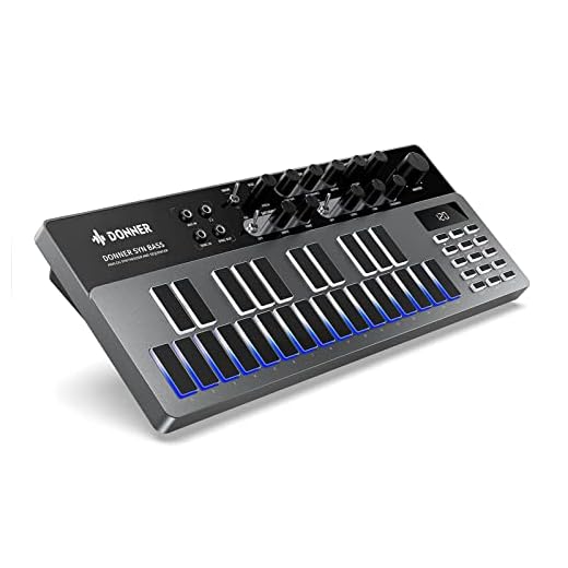 Sintetizador de bajo analógico y secuenciador, Donner Essential B1 con interfaz de usuario intuitiva, memoria de 128 patrones, efectos de saturación y retardo, ideal para un sonido de ácido clásico