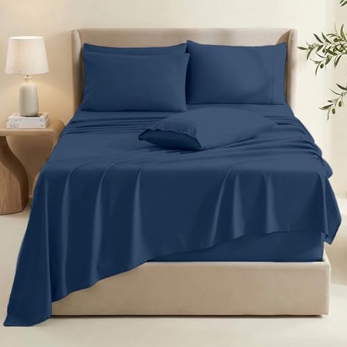 Image of Hearth & Harbor Extra Deep Pocket Sheets - Fits Mattress 18-24 Inches Deep - Extra Deep Pocket Full Size Sets - 6 Piece Full Size - Full - Navy Blue