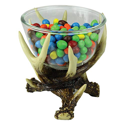 Rivers Edge Products Glass Candy Dish, Hand Painted Durable Poly Resin Kitchen Decor, Unique and Rustic Home Decor for Table, Realistic Faux Deer Antlers Decorative Bowl, Deer Antler