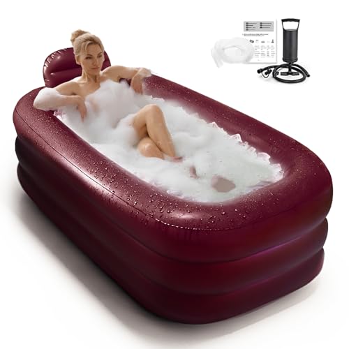 Inflatoast Inflatable Bathtub for Women, with Pillow Headrest - Portable Foldable Freestanding Hot Spa Bath Tub, Elegant Indoor One-Person Soaking Tub for Self-Care & Relaxation,Burgundy