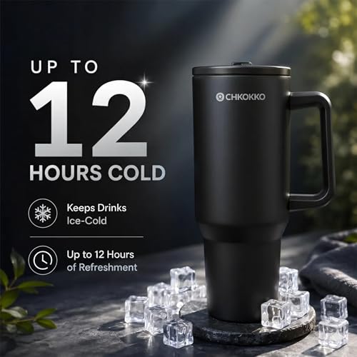 Image of CHKOKKO Stainless Steel Tumbler with Straw & Side Handle 1200ML Leak-Proof Travel Mug | Hot and Cold Double Insulated 1.2L Premium Water Bottle for Travel Gym & Office Use