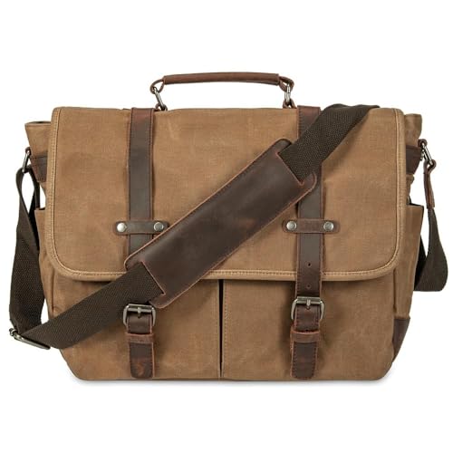 Vintage Genuine Leather Waxed Canvas Briefcase Large Satchel Shoulder Bag Rugged Computer 15.6" Laptop Bag