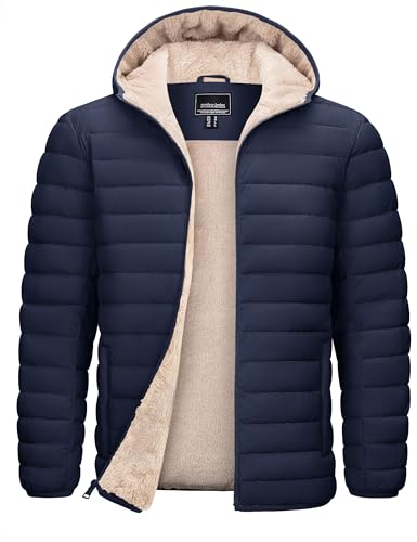 TACVASEN Men's Puffer Coat Hooded Sherpa Lined Winter Warm Down Jacket Lightweight Water-Resistant Windbreaker Outerwear with Hood Navy Blue L