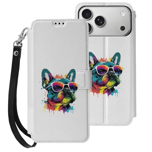 フレンチブルドッグ 犬柄 絵画 iPhone17ProMax用ケース 手帳型 ストラップ付き カード収納 スタンド機能 アイフォン17ProMaxケース 大容量 耐衝撃 PUレザー カバー スマホケース 財布型 Case
