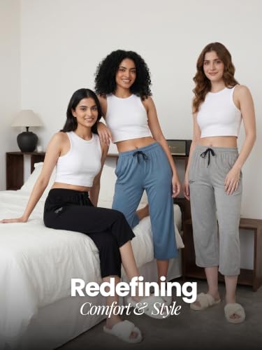 Image of Fflirtygo Women's Cotton Plain Calf Length Capri | Nightwear Pajama | 3 /4th Solid Pyjama Pant | Black Navy and Lavender Lounge Pants | Casual wear & Lounge Wear Capri Combo (Pack of 3)