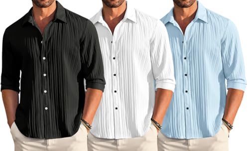 Image of FINIVO FASHION Combo of Men's Casual Cotton Plain Button Down Shirt Long Sleeve Textured Summer Beach Shirt for Men Pack of 3