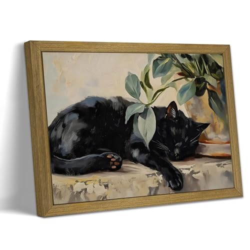 Wood Framed Black Cat Canvas Wall Art, Lazy Cute Cat Wall Decor Print Paintings, Vintage Animal Plant Prints Poster, Rustic Aesthetic Home Decor for Living room Bedroom Bathroom 12x16 inch