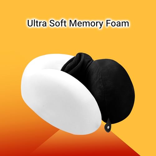 Image of Billebon Extra Soft Memory Foam Luxury Travel Neck Support Rest Pillow with Soft Washable & Removable Cover, Multipurpose Comfortable Travel Pillow for Airplane (Black with Eye MASK)