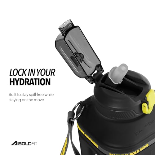 Image of Boldfit 1500ml Gallon Water Bottle for Gym- Motivational Sipper with Level Markings, Leakproof Sports Bottle with Easy Carry Handle for Men & Women, Black- 1.5L