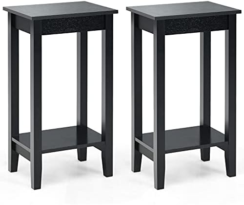 COSTWAY Bedside Table Set of 2, Wooden Narrow Nightstand Sofa Side Table with 2-Tier Storage Shelves, Slim Tall Telephone Table End Accent Tea Desk for Living Room and Bedroom, 40x30x74cm (Black)