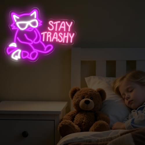Image of Stay Trashy Neon Sign Raccoon LED Light Stay Trashy Decor Wall Raccoon Decoration Funny Funny Home Decor Room Decoration, 17.1 inchx13 inch