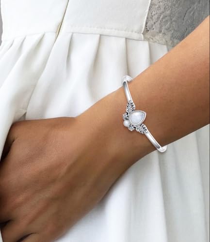 Genuine Moonstone Boho Bracelet, Sterling Silver Real Gemstone Healing Adjustable Bangle Jewelry for Women, 6.5''-7.5''2