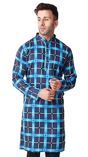 SKAVIJ Men's Printed Checkered Cotton Tunic Casual Kurta Shirt Great (Navy Turquoise, Large)