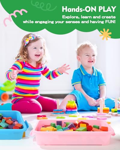 Image of Sensory Bin Sand Tray with Lid for Toddlers 2 Pcs 15in Portable Sandbox Toy Large Plastic Tray for Kids 3 4 5 6 Fill with Sand, Water, Beads, and More (Pink + Blue)