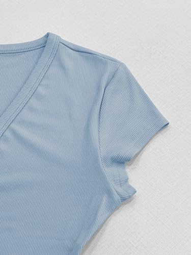 Image of Albe Rita Women Short Sleeve T-Shirt Cap V Neck Shirts for Women Ribbed Casual Top Knit Slim Fit for Summer