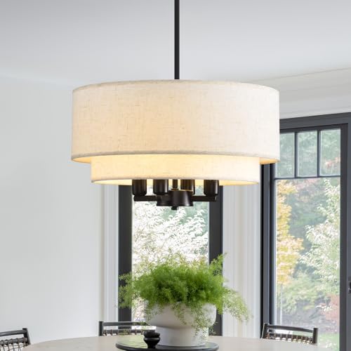 GEFOUN Farmhouse Pendant Light Fixtures, 15.7' Drum Chandeliers with 2-Layer Fabric Shade, 4-Light...