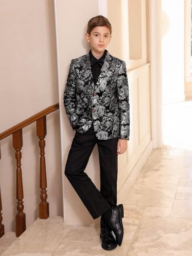 Image of Boys Jacquard Suits Slim Fit Tuxedo Suit Notch Lapel 2 Pieces Suit Set Jacket Pants for Party Formal Wear