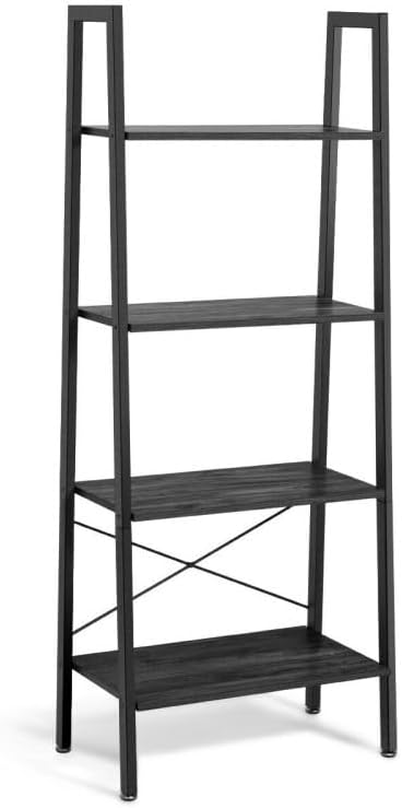 4-Tier Industrial Ladder Bookcase, 13in Inter-Shelf Distance, 33lb Per Tier, Thick Iron FFor rame with Frost Finish, Cross-Braced Back, Floor-Leveling Pads