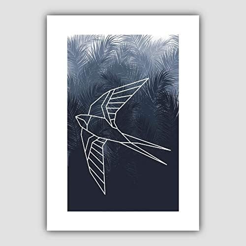 Artze Wall Art Geometric Swallow Bird with Palms Leaves Art Print, A3