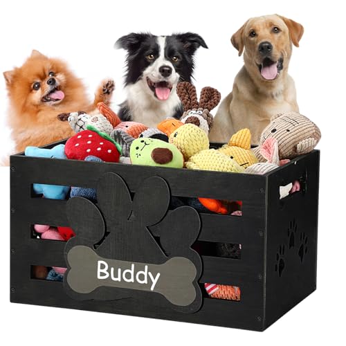Cinnvoice Large Dog Toy Basket Wood Dog Toy Bin Storage Baskets Box with Handles and Label Position Design Large Organizer with Paw Pattern Print for Pets Toys Food Blankets Clothes 18'x12'x10'