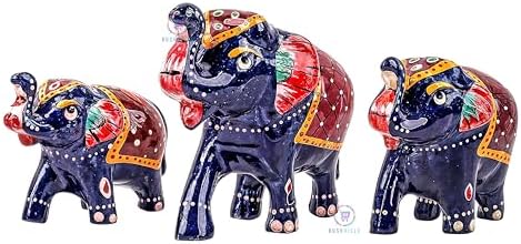 Hand-Painted Paper Mache Elephant Set - Traditional Indian Folk Art Decor for Home, Office, andifting (Set of 3) - Blue