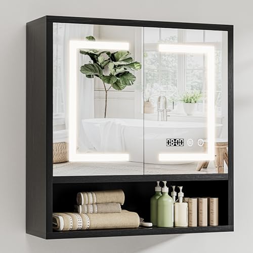 Bathroom Medicine Cabinet with Mirror Lighted Wall Storage Cabinet Black