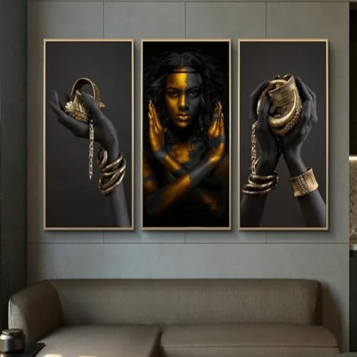 Art africain pour salon moderne grand portrait de femme sur toile triptyque