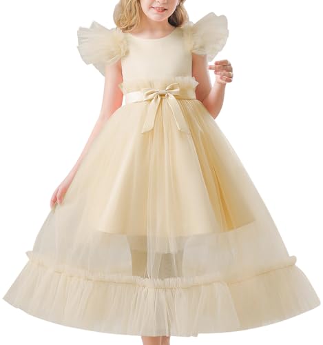 Satin Flower Girl Dress Girls A-Line Ruffle Sleeve Dresses Girl Formal Tulle Dress for Wedding Party Birthday