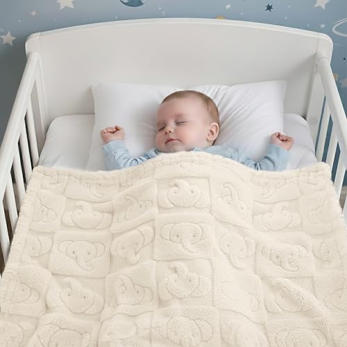 Image of Pro Goleem Elephant Baby Blanket, Baby Fleece Blanket for Boys & Girls, 30 inch x 40 inch Soft Crib & Stroller Blanket for Newborns and Toddlers, (Cream White)
