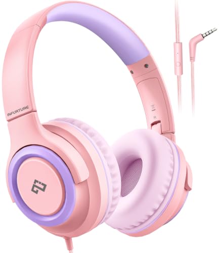 INFURTURE Kids Headphone for School with Microphone, Pink Wired Headphones - image 1