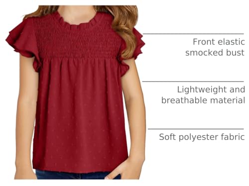 Image of DOKOTOO KIDS Girls Tops Short Sleeve Shirts Summer Blouse Size 6-15 Years | None Elastic Fabric, Ruffle Sleeve, Swiss Polka Dot, Smocked, Crew Neck, Key Hole Back, Dress Spring Outfit, Casual Tee