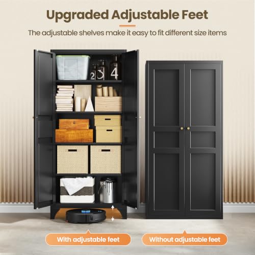 Image of Yizosh Metal Storage Cabinet with 2 Doors and 4 Adjustable Shelves - 71 inch Black Kitchen Pantry Storage Cabinet,4-Tier Tall Steel Cabinet Locker for Living Room,Dining Room,Kitchen