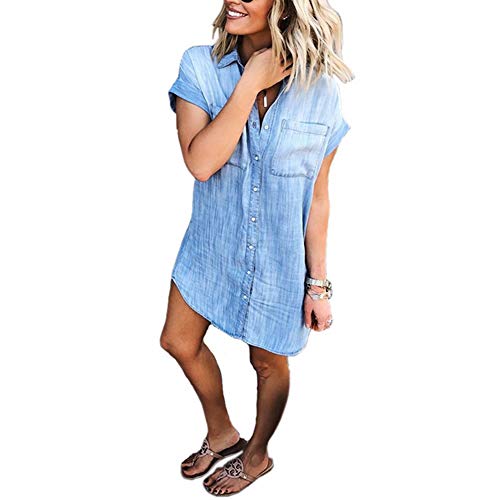 Women's Oversized Loose Denim Shirt Dresses Button Down Lapel Short Sleeve Blouse Tops with Pockets Blue S