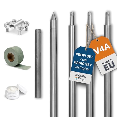 Tiefenerder Set V4A Edelstahl Erdungsstab/Erdungsspieß mit Anschlussklemme & Schlagspitze Basic & Profi Set mit Korrosionsschutzband Vaseline & SDS Blitzschutz PV Erdung