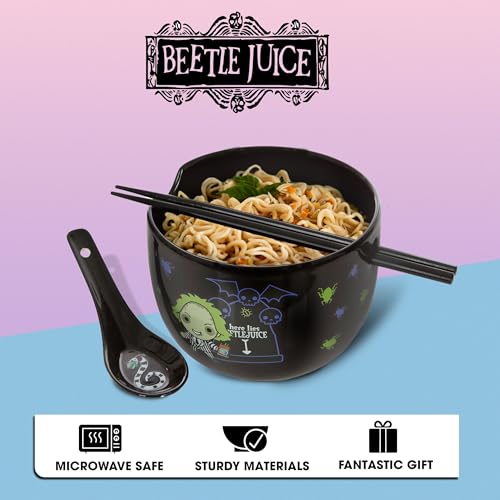 Culture Fly Beetlejuice Microwave Ramen Bowl Set with Chopsticks and Spoon, 20 oz Ceramic Instant Noodle Bowls with Chopsticks, Ramen Noodle Bowl, Rice Bowl Anime Gifts for Men