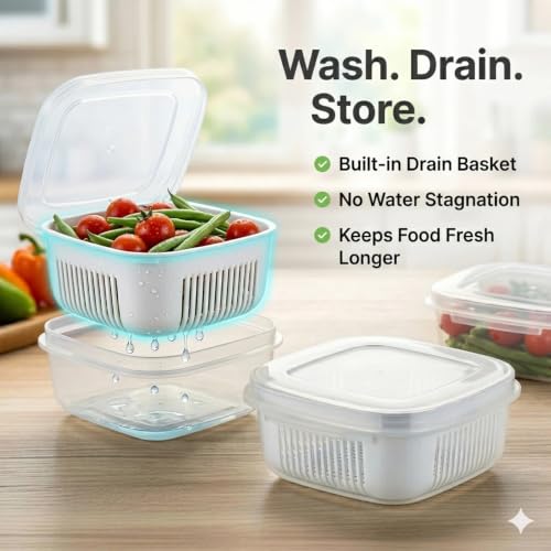 Image of VOLCANO Fridge Storage Containers, Fridge Organizer with Removable Drain Plate & Secure-Sealing Lids, Fridge Storage Boxes Keep Fruits, Vegetables Fresher, Container Box (Pack of 2 Food Storage Box)