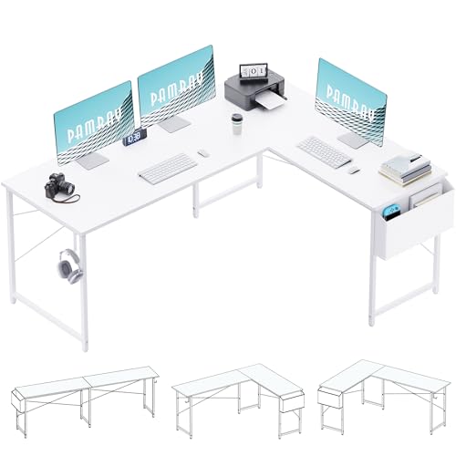 Image of Pamray 64.5 Inch Reversible L Shaped Gaming Desk Large Corner Computer Desk with Storage Bag Home Office Table for Writing Study White
