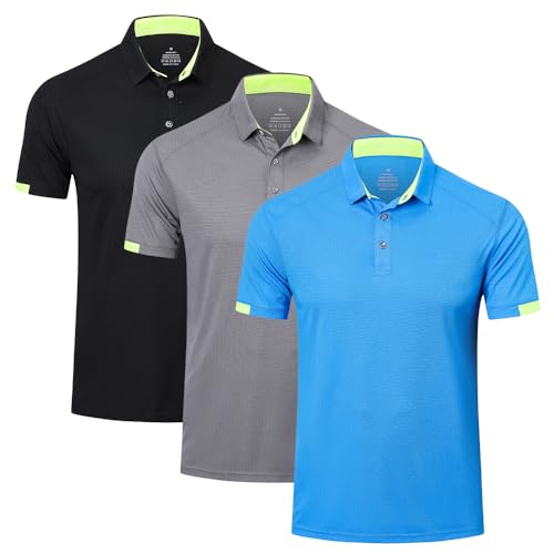 HUAKANG 3 Piezas Polo Hombre Manga Corta Deporte Ocio Secado Rápido Transpirable Camiseta Golf Polos Hombre 0506 Balck Grey Blue 2XL
