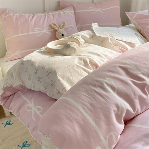 Image of Nayoroom Pink Bow Duvet Cover Queen Size Kids Girls Cute Coquette Bedding Set 3 Pcs Soft Microfiber Reversible White Striped Comforter Cover Gifts for Women