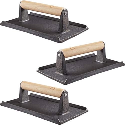 Pro Grade, Pre Seasoned Cast Iron Grill Weight 3Pk. Heavy Duty Steak and Burger Press with Wooden Handle for Grills, Griddles and Flattops. Perfect Gadget for Bacon, Paninis, Sandwiches and Vegetables