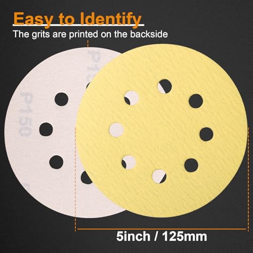 Image of 100PCS 5 Inch Sanding Discs, 8 Hole Hook and Loop 150 Grit Sandpaper, Round Sand Paper for Random Orbital Sander