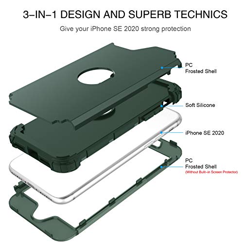 BENTOBEN for iPhone SE 2022 Case and Phone Case iPhone SE 2020, Heavy Duty 3 in 1 Full Body Rugged Shockproof Hybrid Hard PC Soft Rubber Bumper Drop Protective Girls Women Boy Men SE Cover, Dark Green
