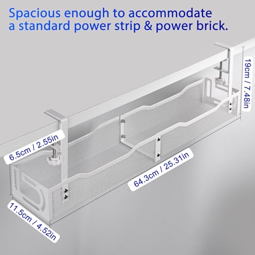 Under Desk Cable Management Box 25.3 Inch – Clamp-Mounted Cable Organizer Tray, Large Cord Management Box for Office & Home, Wire Organizer Under Desk Storage, White - Thumbnail 4