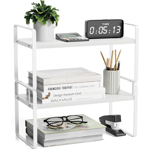 Image of Desk Shelf Organizer for Top of Desk, Detachable 2 Tier Desktop Bookshelf, Wooden Desk Shelves Storage Rack, Small Desktop Shelf for Office Home Dorm, Tabletop Desk Organizer Stand (White+White)